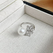 Full Diamond Leaf Pearl Ring
