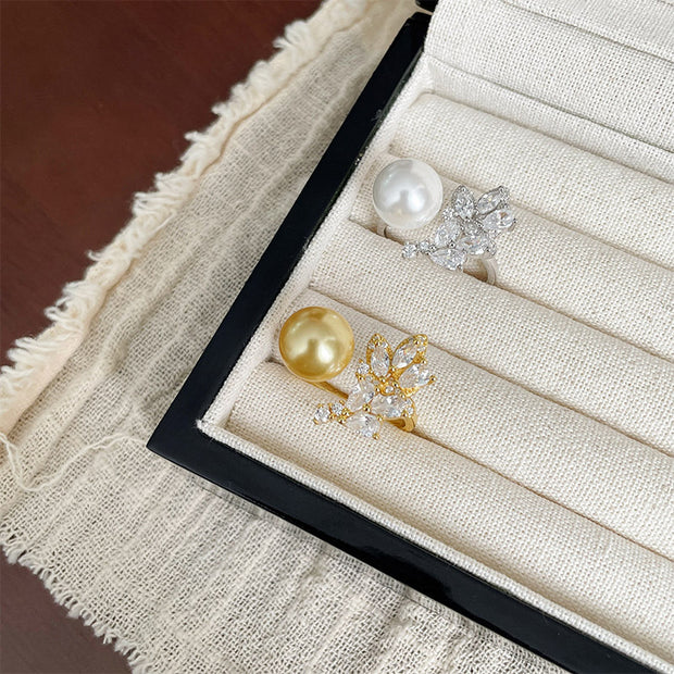 Full Diamond Leaf Pearl Ring