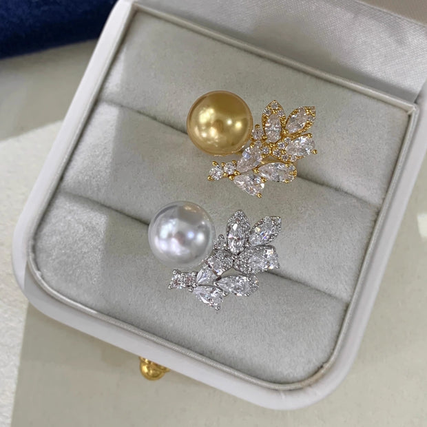 Full Diamond Leaf Pearl Ring
