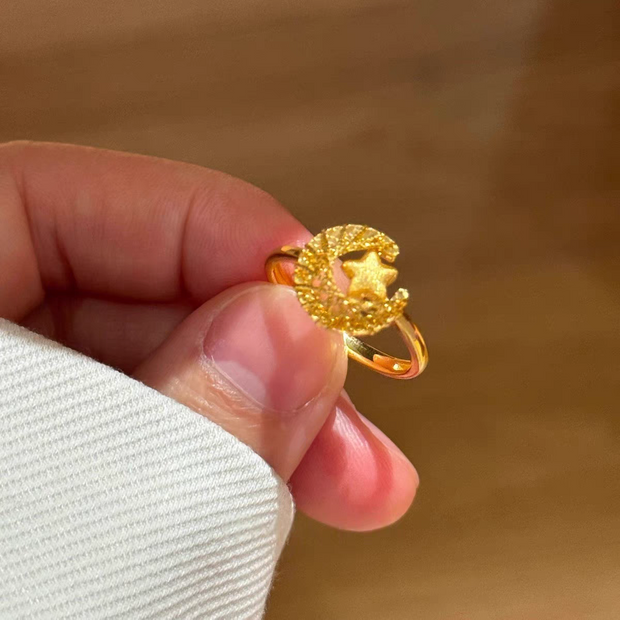 Gold Openwork Moon Star Ring