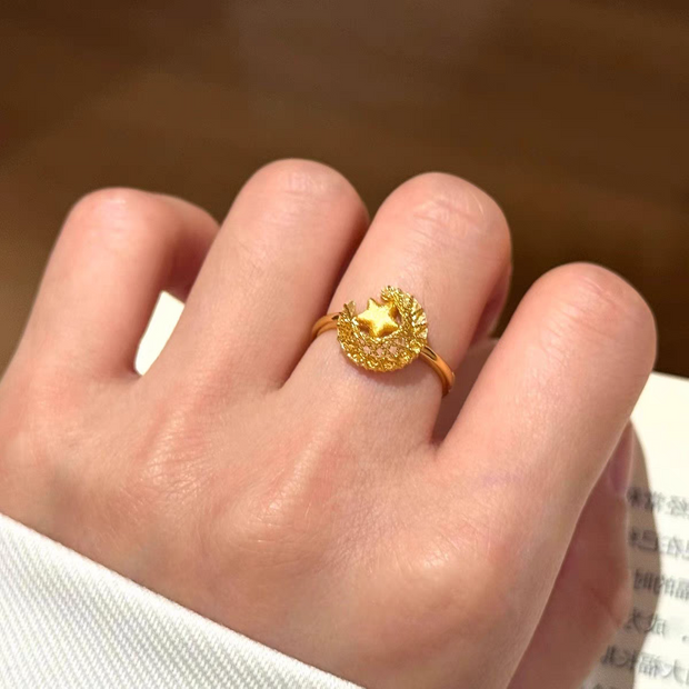 Gold Openwork Moon Star Ring