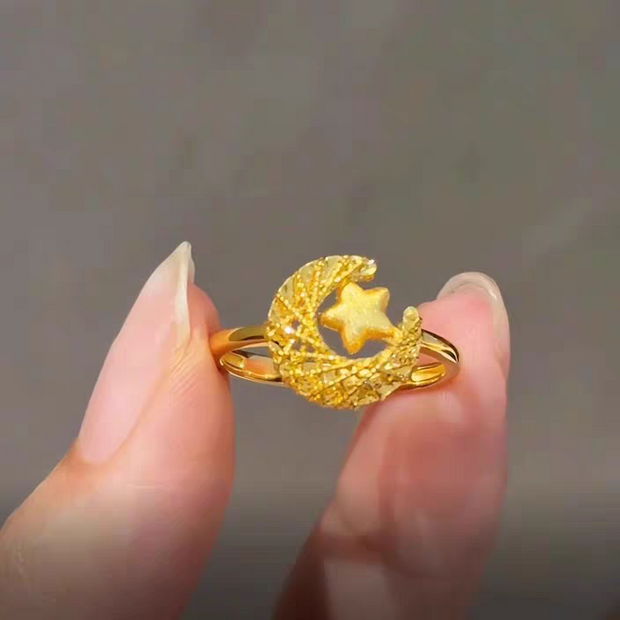 Gold Openwork Moon Star Ring