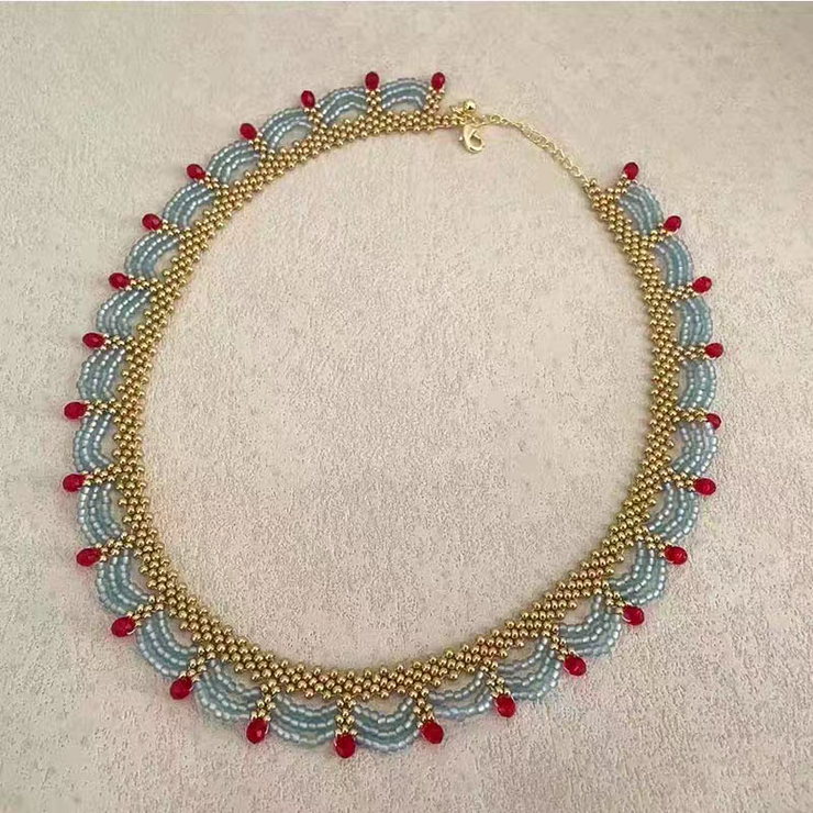 Multi-Layer Red Blue Gold Clashing Beads Necklace