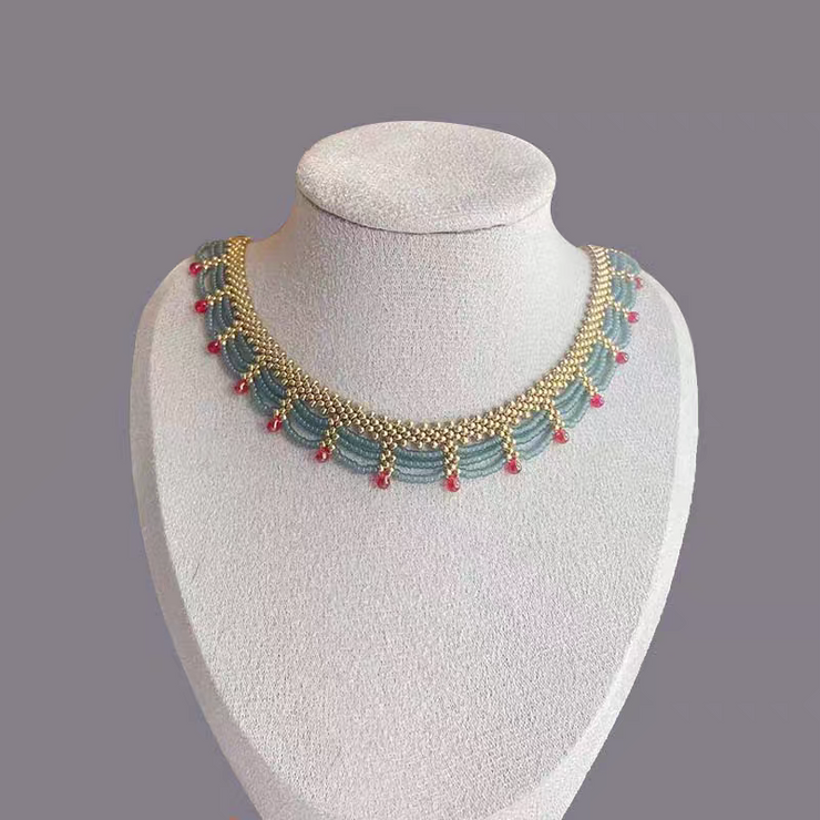 Multi-Layer Red Blue Gold Clashing Beads Necklace