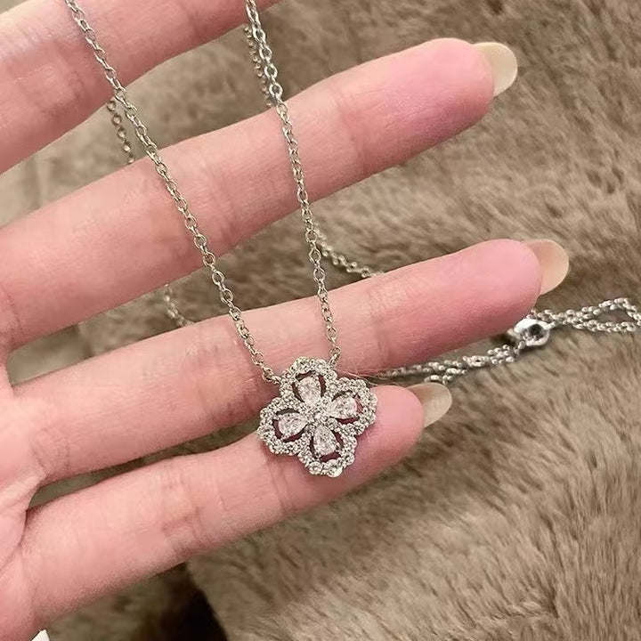 Four Leaf Clover Halo Necklace and Stud Earring Set