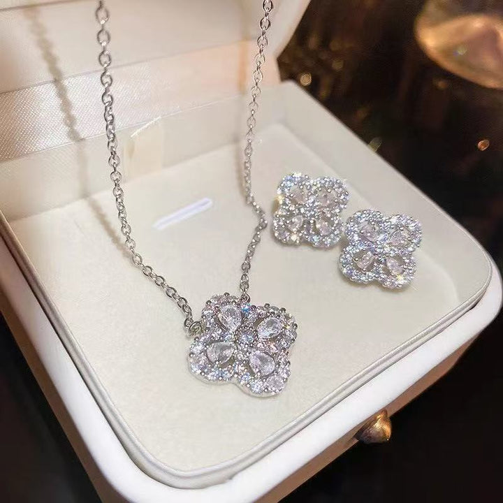 Four Leaf Clover Halo Necklace and Stud Earring Set