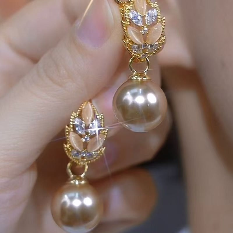 Golden Pearl Leaf Drop Earrings