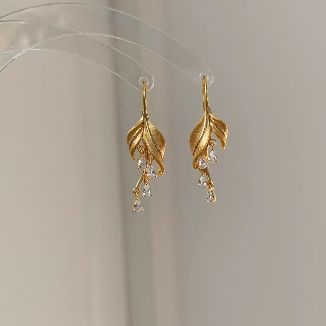 Lily Leaf Drop Earrings with Zircon