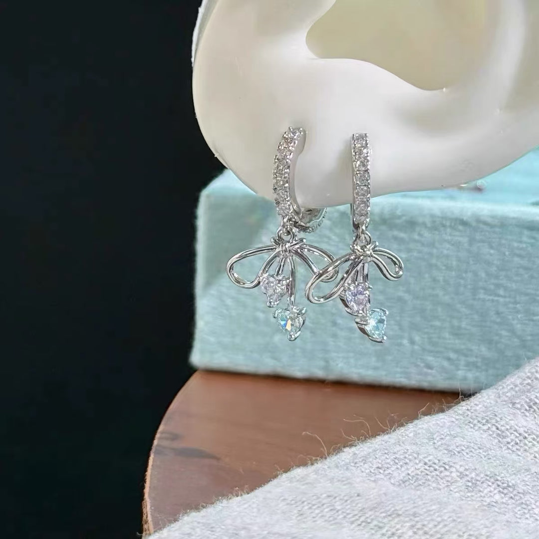 Bow Heart Zircon Drop Earrings