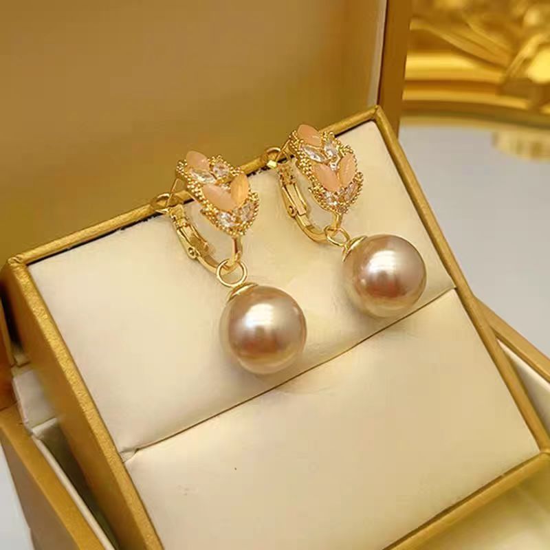 Golden Pearl Leaf Drop Earrings