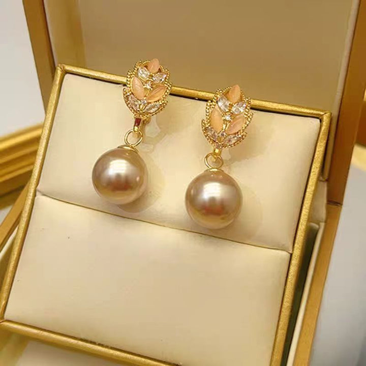 Golden Pearl Leaf Drop Earrings