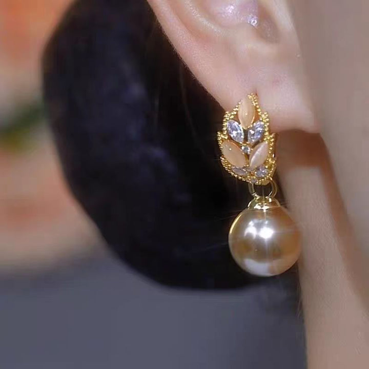 Golden Pearl Leaf Drop Earrings