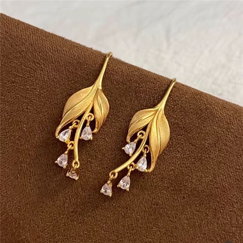 Lily Leaf Drop Earrings with Zircon