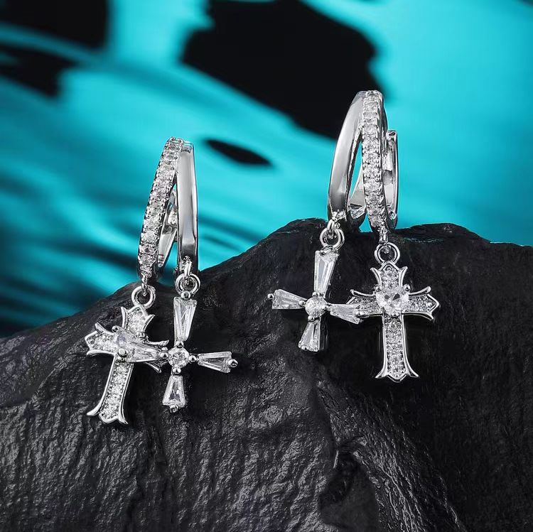 Cross Dangle Zircon Hoop Earrings