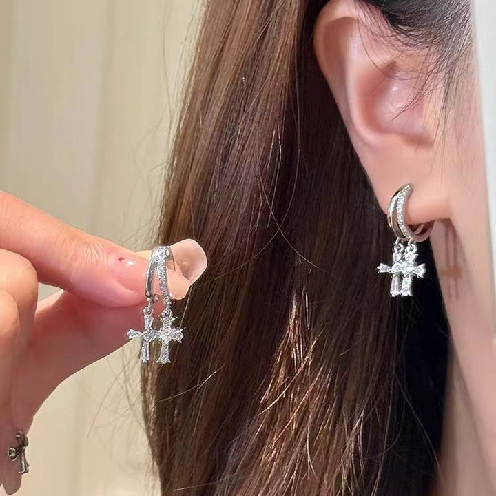 Cross Dangle Zircon Hoop Earrings