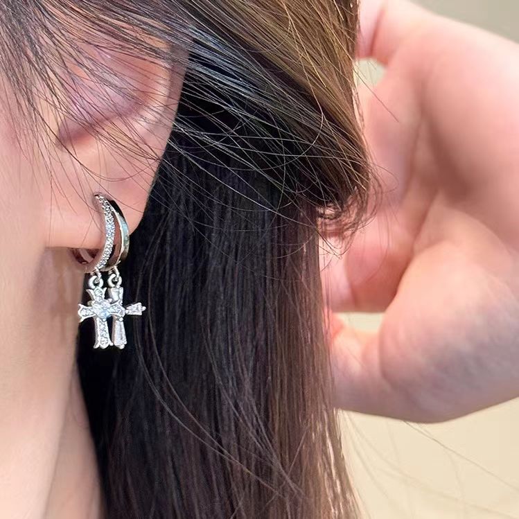 Cross Dangle Zircon Hoop Earrings