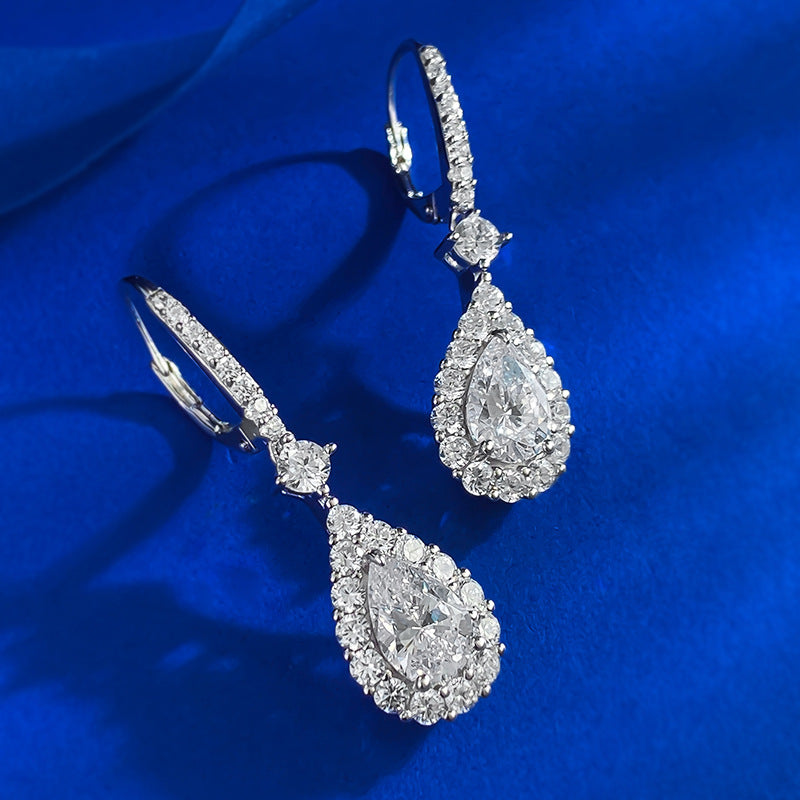 Classic Pear-Cut Halo Zircon Drop Earrings