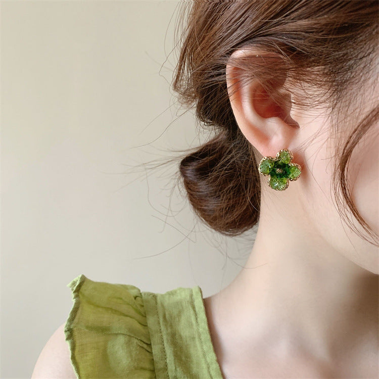 Gradient Crystal Green Flower Earrings