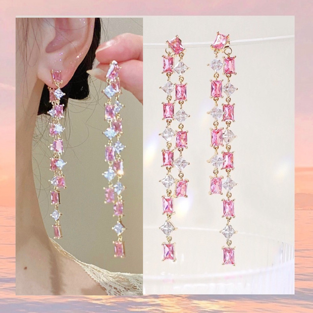 Pink Zirconia Tassel Earrings