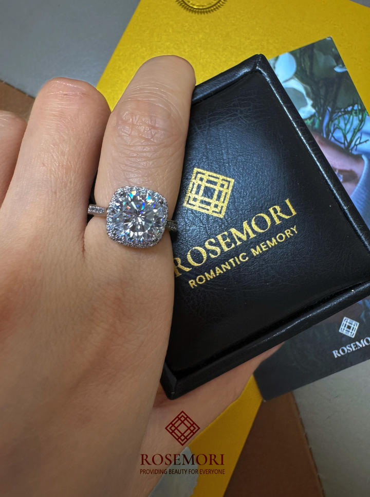 Round Moissanite Halo Engagement Ring — Pavé Band | S925 Sterling Silver