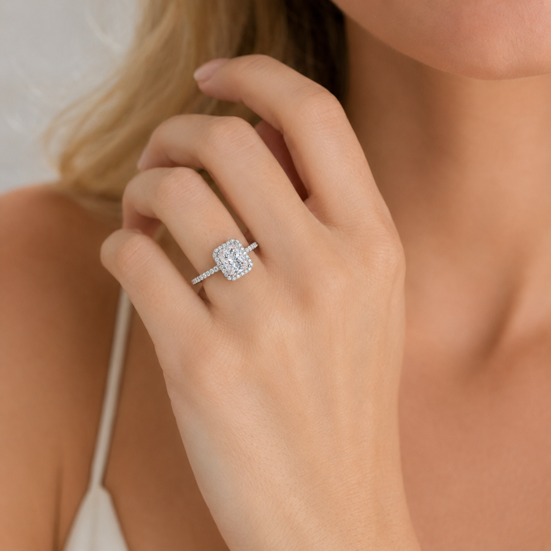 Emerald & Radiant Halo Moissanite Engagement Ring