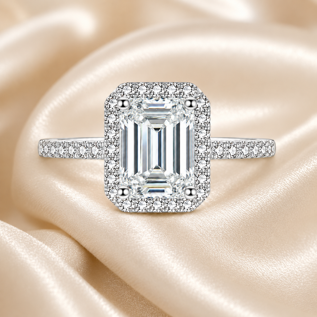 Emerald & Radiant Halo Moissanite Engagement Ring