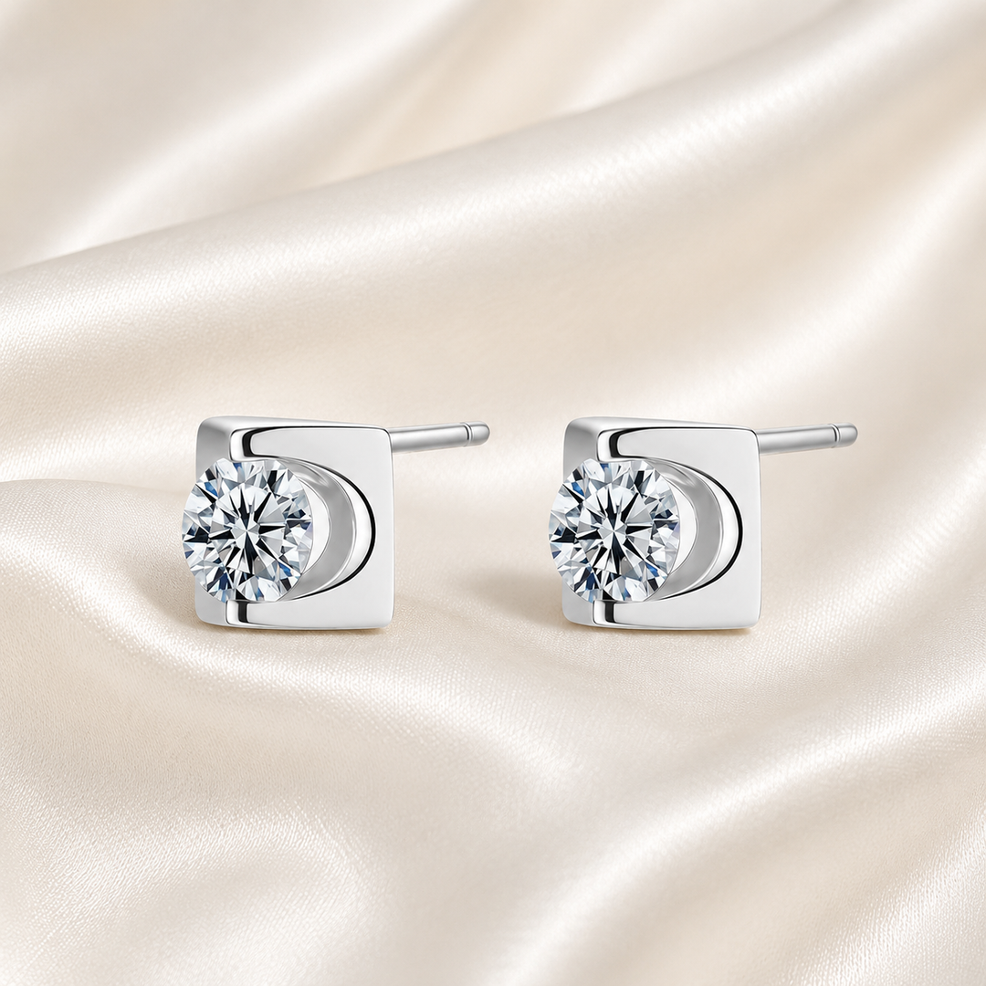 Square Bezel Moissanite Stud Earrings