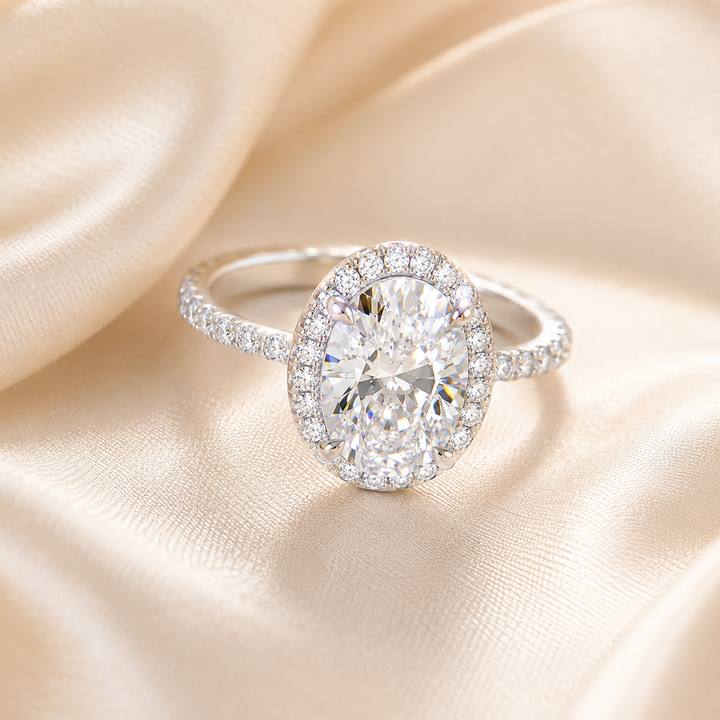 Oval “Pigeon Egg” Halo Moissanite Ring