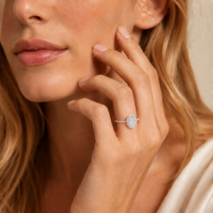 Oval “Pigeon Egg” Halo Moissanite Ring