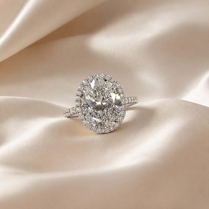 Oval “Pigeon Egg” Halo Moissanite Ring
