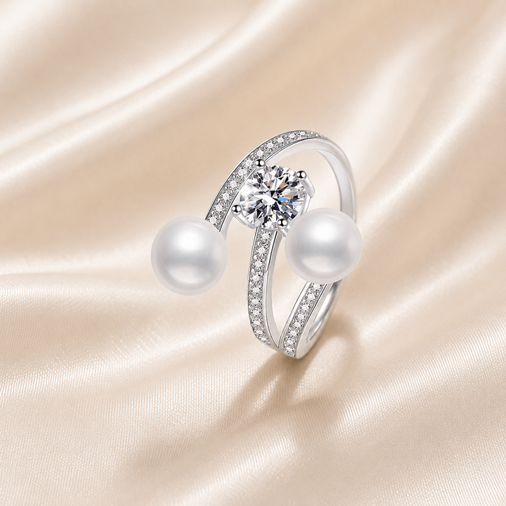 Twin Pearl Orbit Moissanite Ring | S925 Sterling Silver