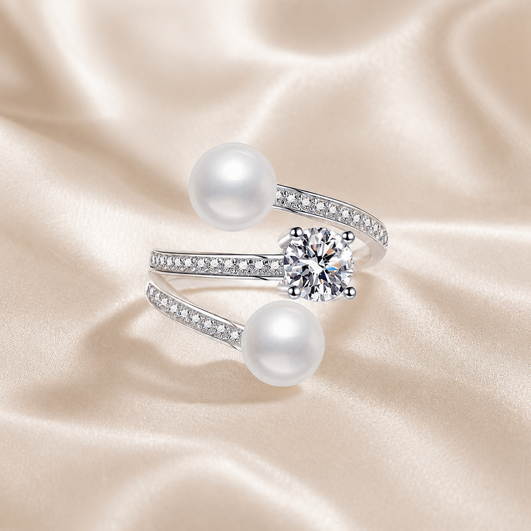 Twin Pearl Orbit Moissanite Ring | S925 Sterling Silver