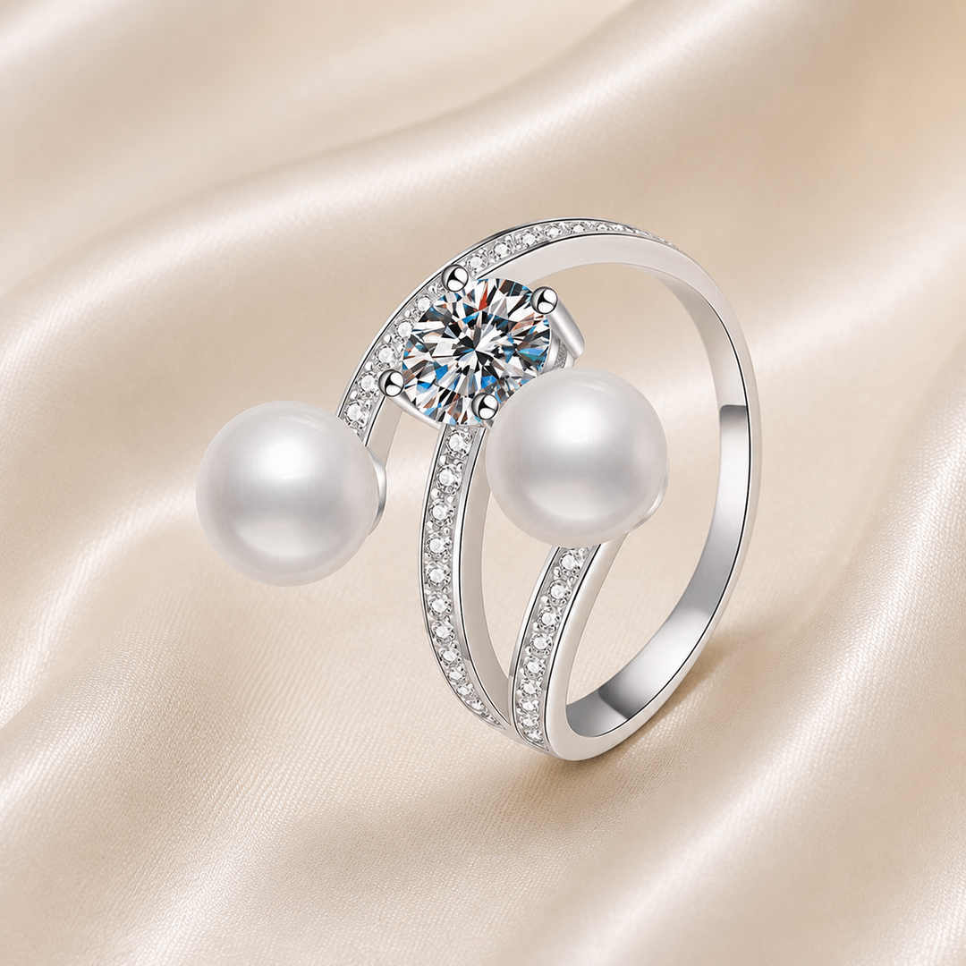 Twin Pearl Orbit Moissanite Ring | S925 Sterling Silver