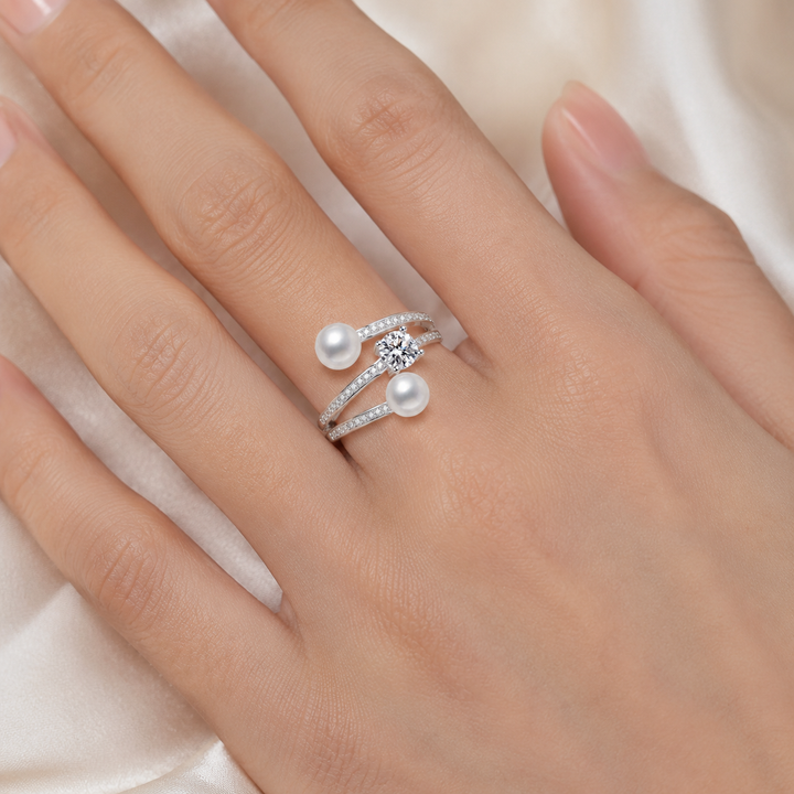 Twin Pearl Orbit Moissanite Ring | S925 Sterling Silver