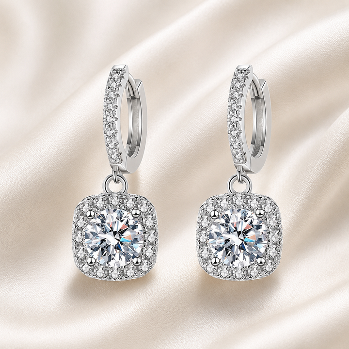 Square Halo Moissanite Drop Earrings