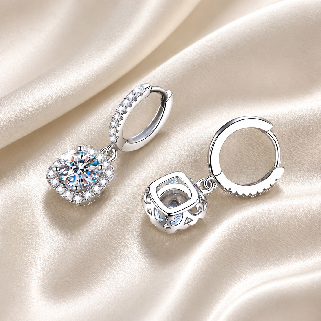 Square Halo Moissanite Drop Earrings