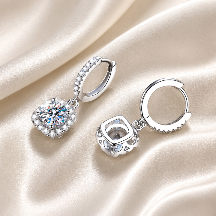 Square Halo Moissanite Drop Earrings