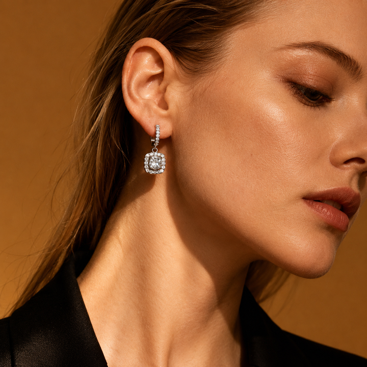 Square Halo Moissanite Drop Earrings