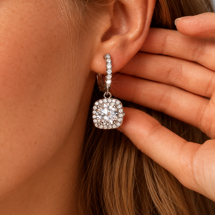 Square Halo Moissanite Drop Earrings