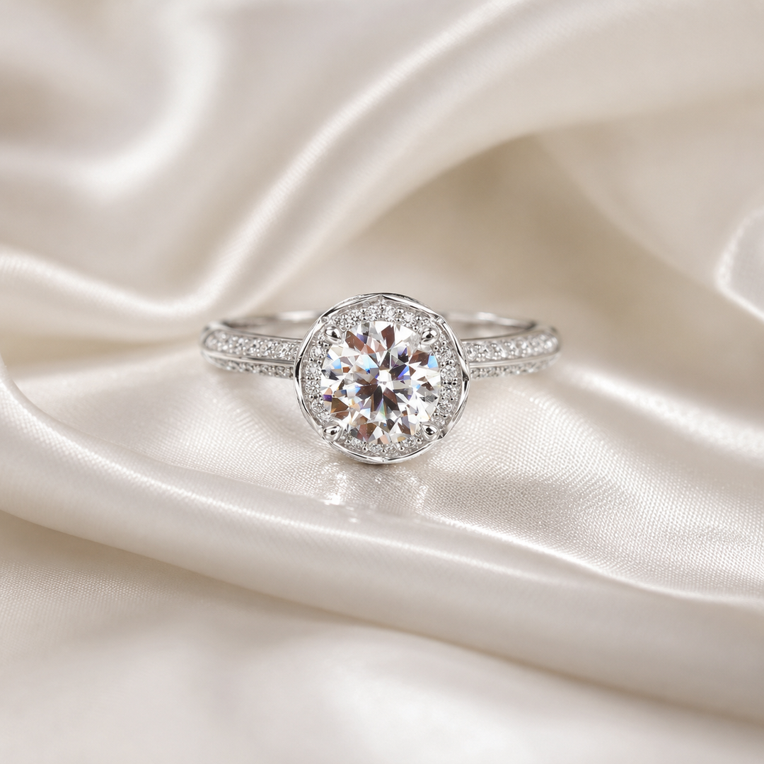Lotus Crown Floral Halo Moissanite Engagement Ring