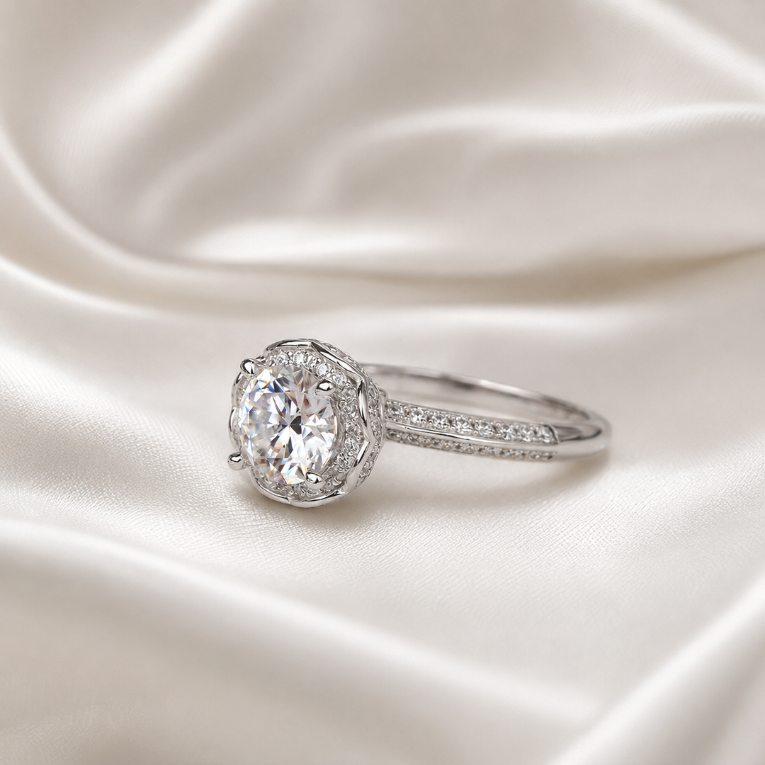 Lotus Crown Floral Halo Moissanite Engagement Ring