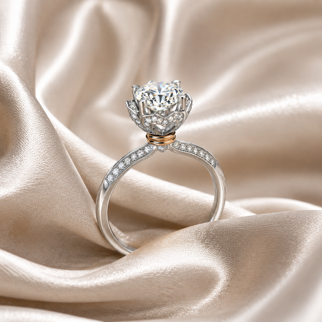 Lotus Crown Floral Halo Moissanite Engagement Ring