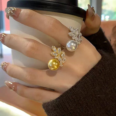 Full Diamond Leaf Pearl Ring