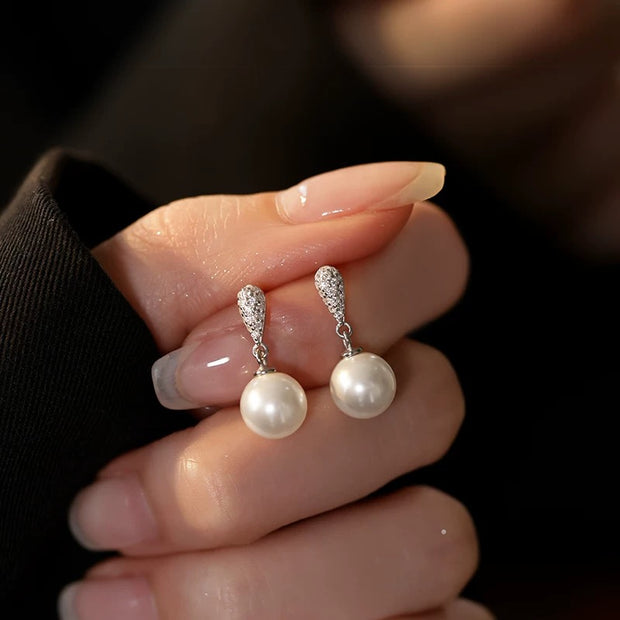 Cubic Zircon Drop Pearl Earrings