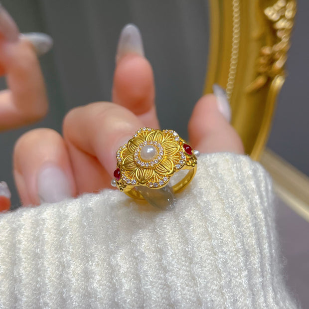 Golden Bloom Pearl Ring