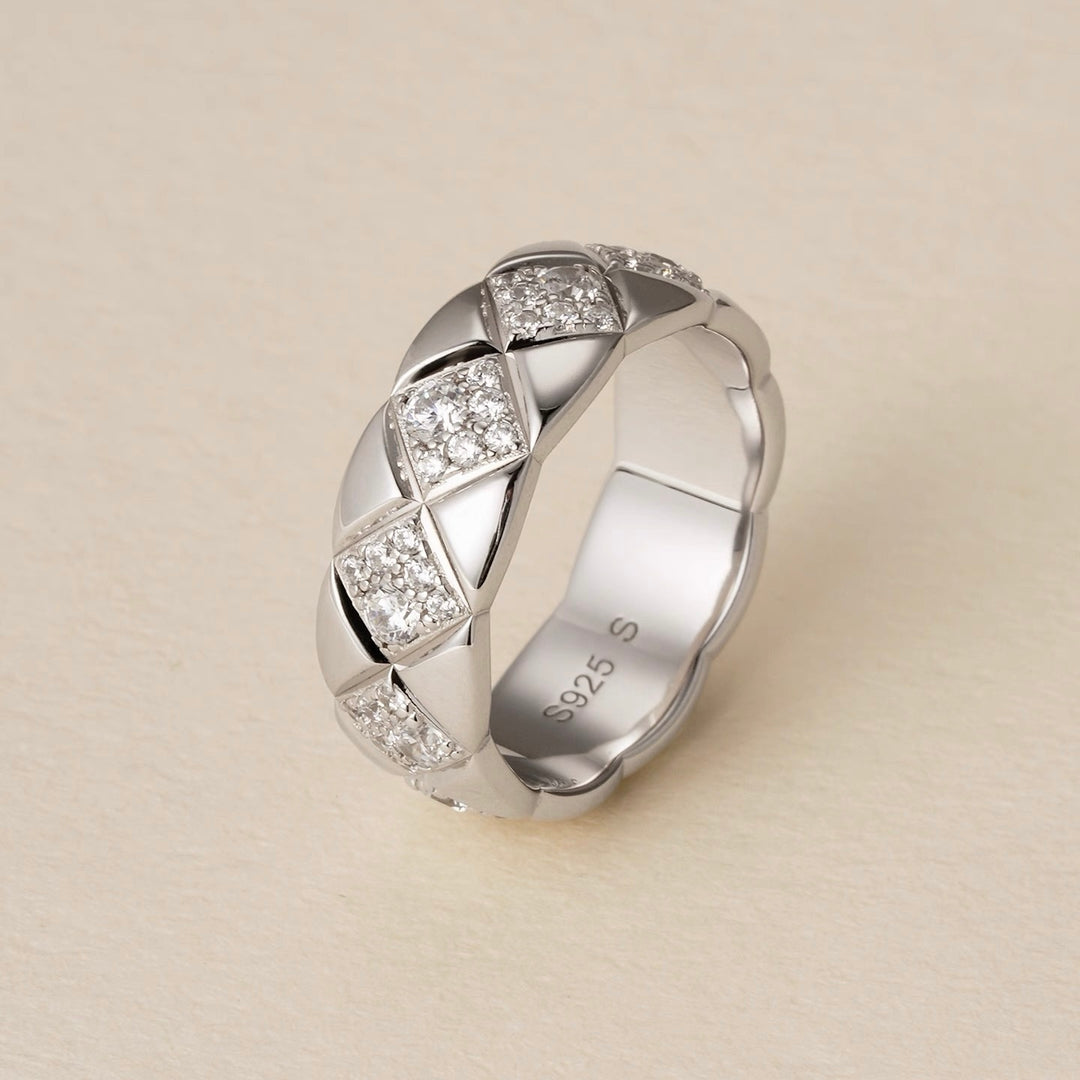 Geometric Quilted Pavé Ring — Gold & Silver | S925 Sterling Silver
