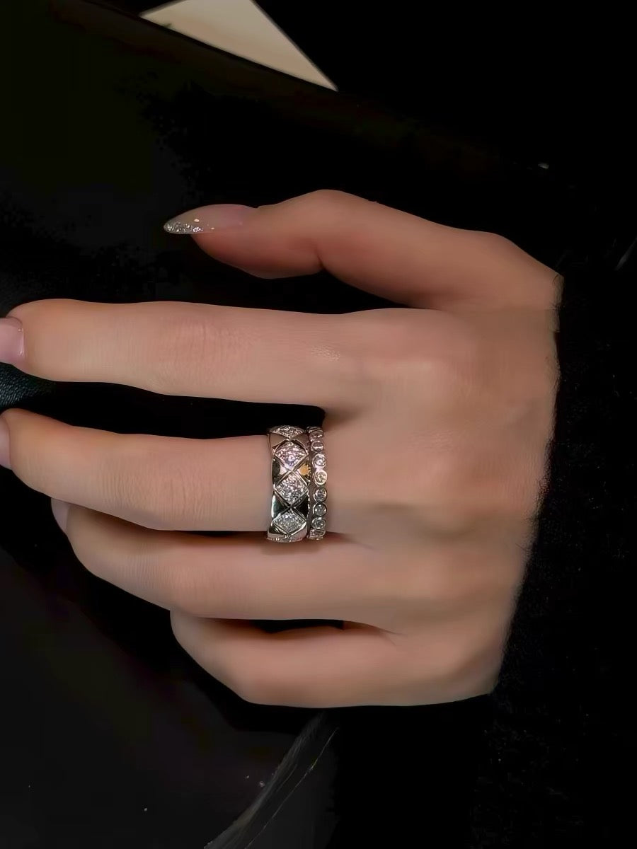 Geometric Quilted Pavé Ring — Gold & Silver | S925 Sterling Silver