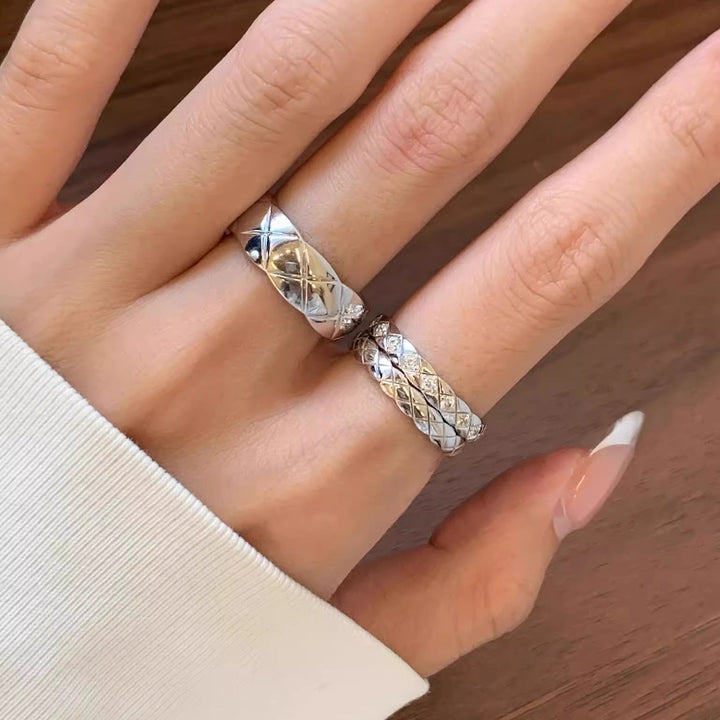 Geometric Quilted Band Ring — Wide & Slim | S925 Sterling Silver