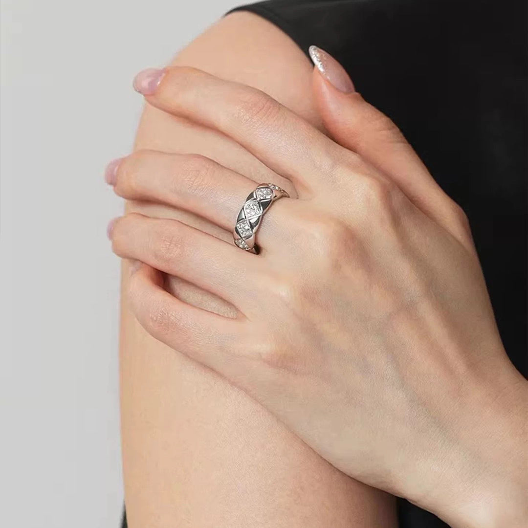 Geometric Quilted Pavé Ring — Gold & Silver | S925 Sterling Silver