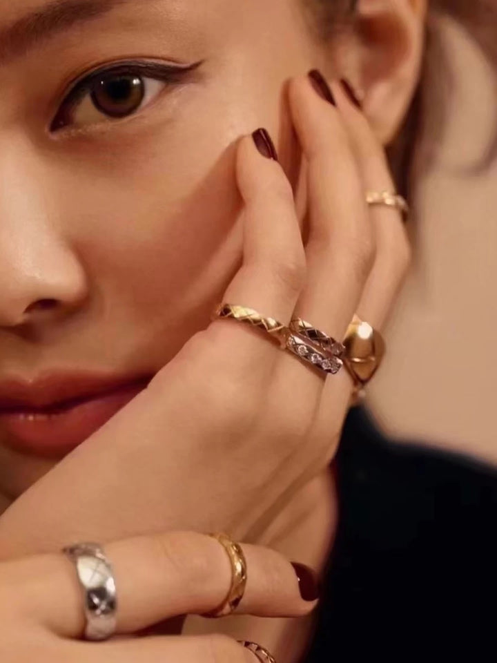 Geometric Quilted Band Ring — Wide & Slim | S925 Sterling Silver